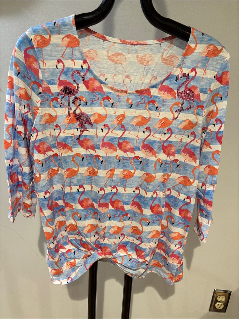 Flamingo Print Knit Top in Coral & Blue with sequin detailing